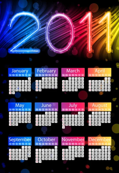 黒の背景にカラフルな 2011 年のカレンダー。虹の色 — ストックベクタ