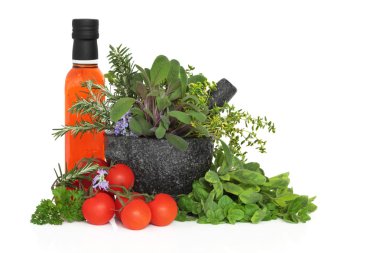 Chili Oil, Herb Leaves and Tomatoes clipart