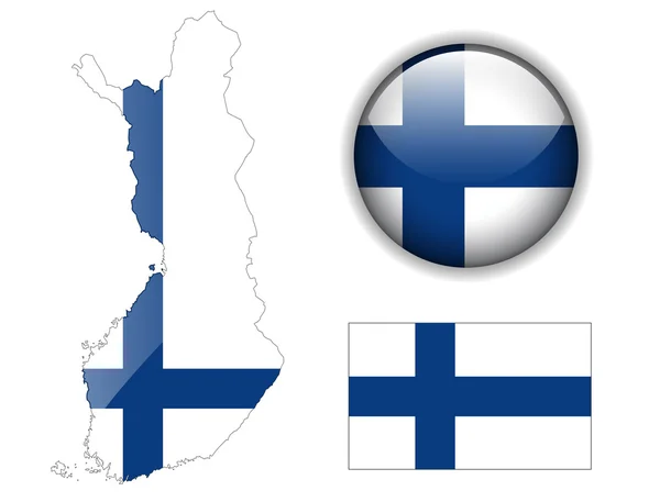 Finlandiya bayrağı, harita ve parlak düğme. — Stok Vektör