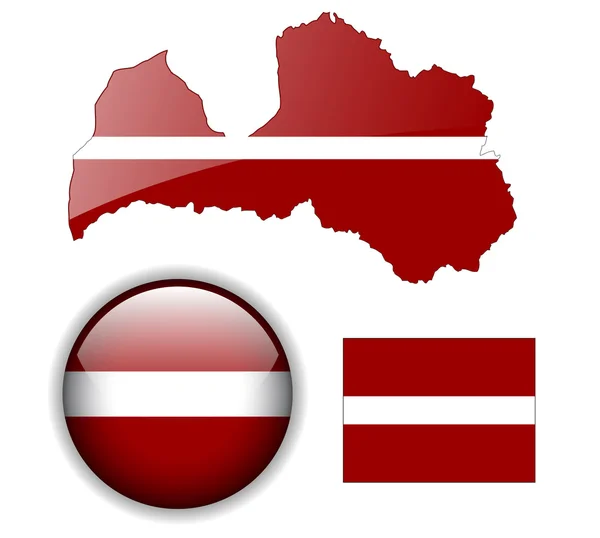 Łotwa przycisk flaga, mapę i błyszczący. — Wektor stockowy