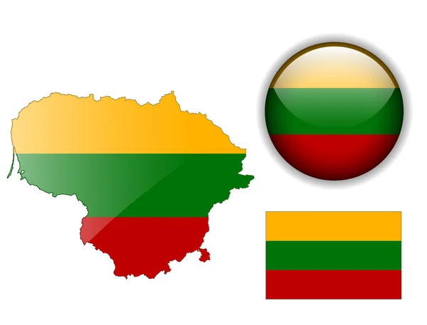 Lithuania flag, map and glossy button. — Stock Vector