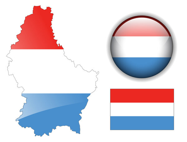 Luxembourg flag, map and glossy button.