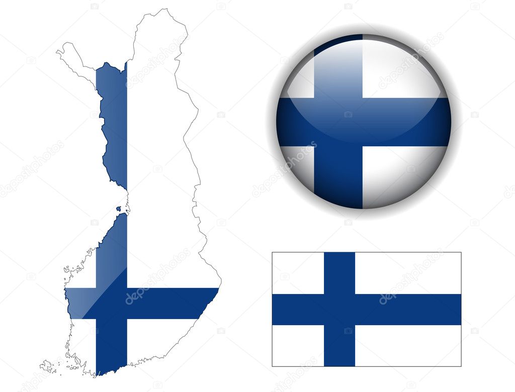 Finland flag, map and glossy button.