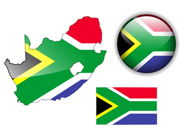 Bandeira, mapa e botão brilhante da África do Sul . — Vetor de Stock