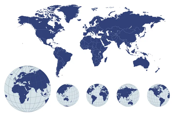 Wereldkaart met aarde globes — Stockvector