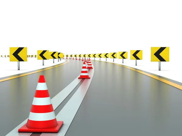 Carretera con señales y conos de tráfico —  Fotos de Stock