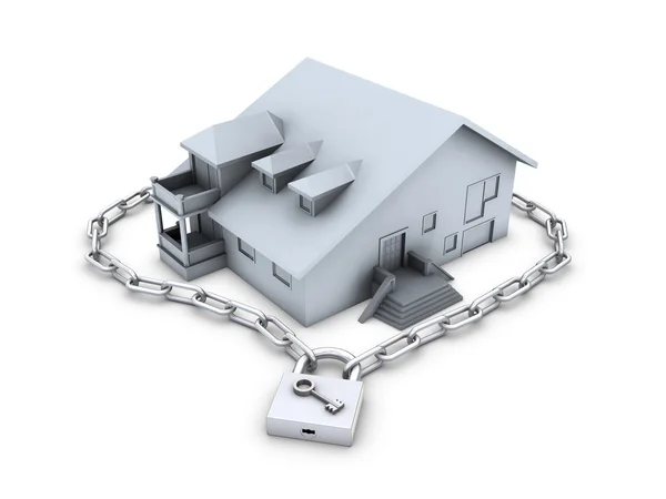 Dom, łańcuch, zamknięta kłódka i klucz — Zdjęcie stockowe