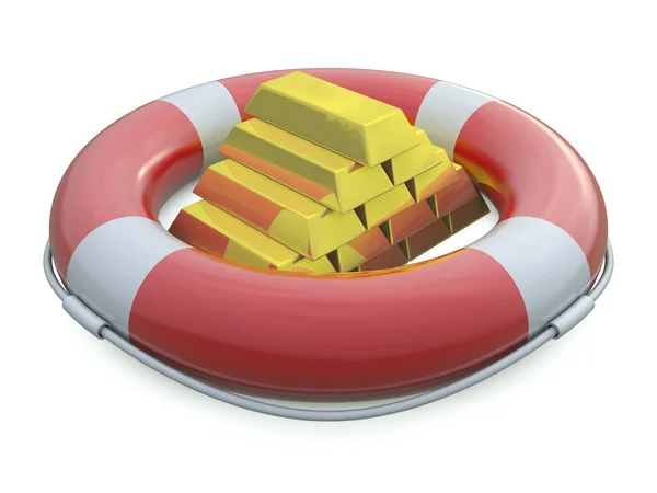 SOS záchranný pás a zlaté cihly — Stock fotografie
