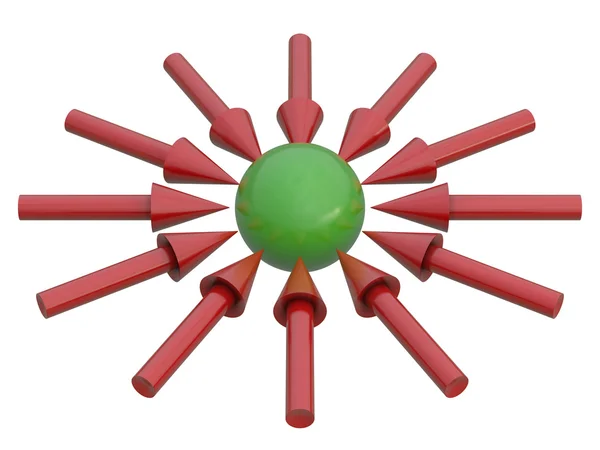 Зеленый шар и красные стрелки — стоковое фото