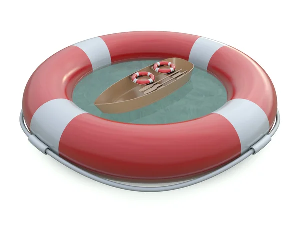 Cintos salva-vidas SOS e barco — Fotografia de Stock