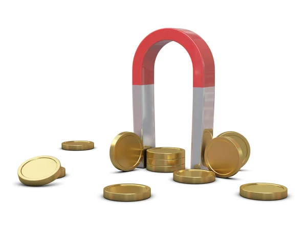 Magneet en gouden munten — Stockfoto