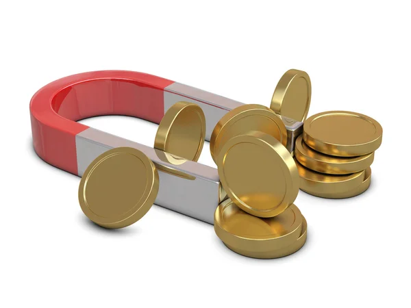 Magneet en gouden munten geïsoleerd — Stockfoto