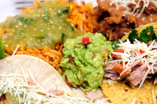 Carnitas With Rice And Refried Beans — Stock Photo, Image