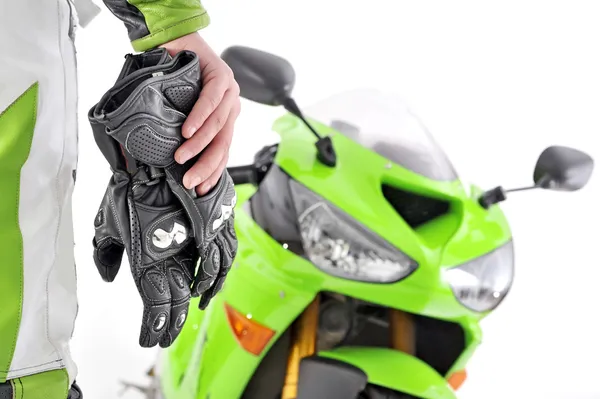 Guanti moto con carbonio e bici — Foto Stock
