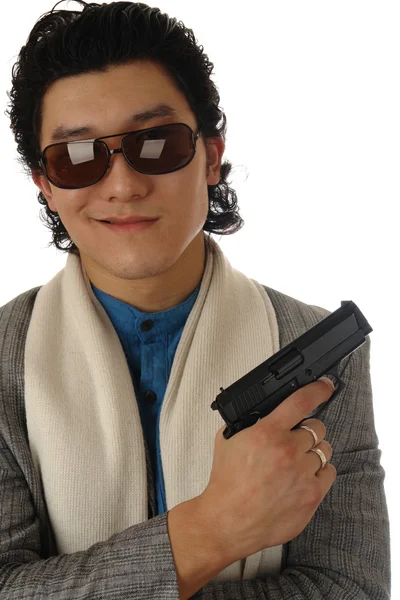 Homem com retrato de arma em um branco — Fotografia de Stock