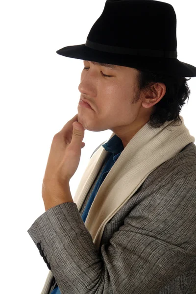 Asijské muž v klobouku emoce portrét — Stock fotografie