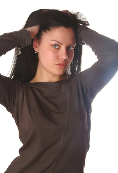 Młoda kobieta z włosami w portret ręce — Zdjęcie stockowe