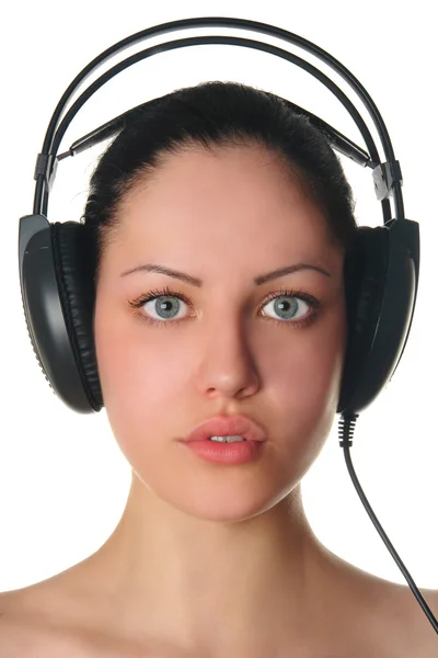 Mulher beleza em fones de ouvido retrato — Fotografia de Stock