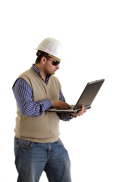 Construtor com laptop — Fotografia de Stock