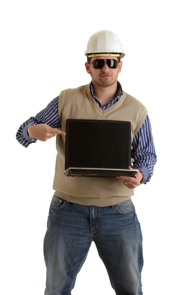 Construtor com laptop — Fotografia de Stock