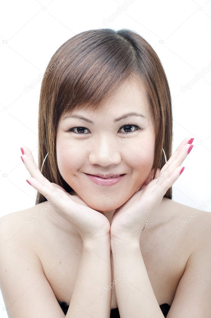 Close up of smiling asian with white isolated background