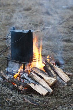 Cooking in a pot on the bonfire clipart