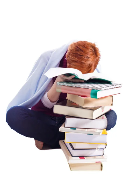 Colegio estudiante cansado con muchos libros — Foto de Stock