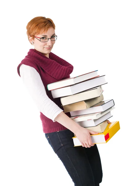 Girll com livros pesados — Fotografia de Stock