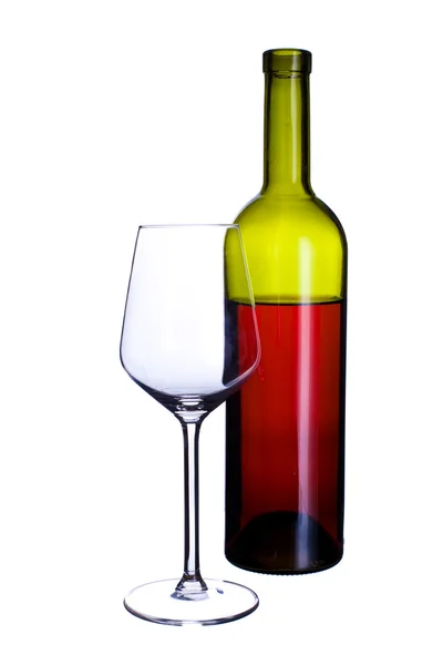 Copo de garrafa e vinho tinto — Fotografia de Stock