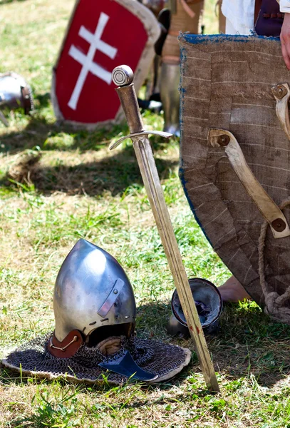Helmet, shield and sword — Stock Photo, Image