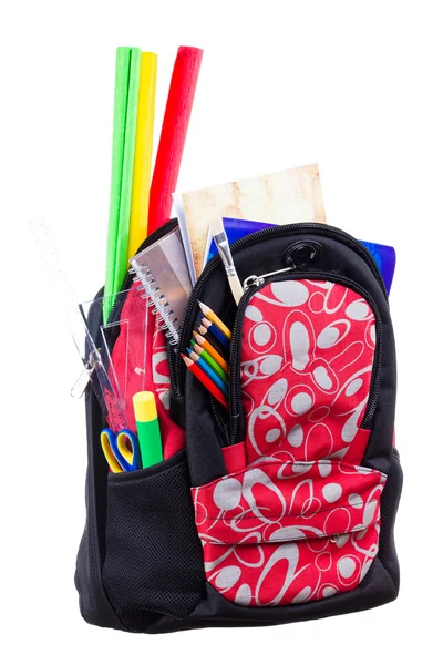 Μαύρο και κόκκινο packback με σχολείο προμήθειες — Φωτογραφία Αρχείου