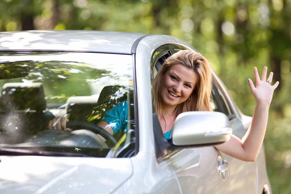 Caucasian lady with new car — Stock Photo, Image
