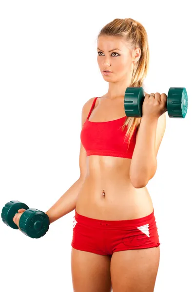 Kvinnan gör gym med vikter — Stockfoto