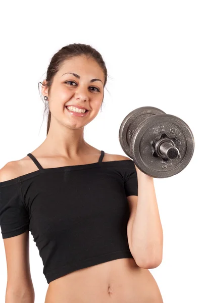 Brunetka dělá fitness s váhami — Stock fotografie