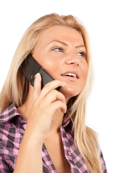 Blonde dame met behulp van mobiele telefoon — Stockfoto