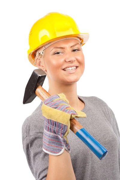 Carpintero mujer con martillo — Foto de Stock