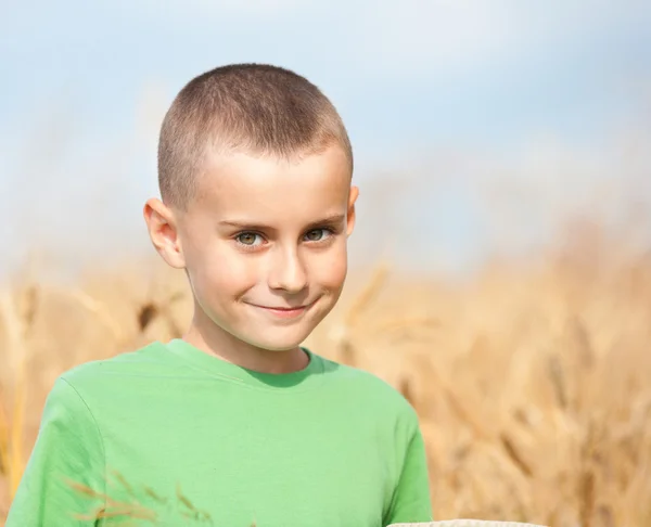 Schattig kind in een tarweveld — Stockfoto