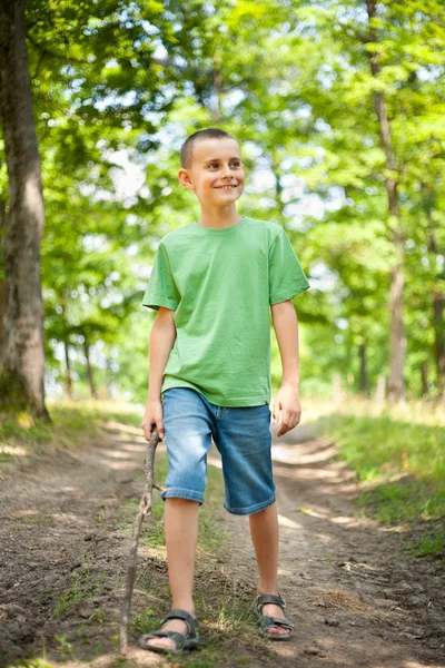Rapaz bonito caminhando pela floresta — Fotografia de Stock