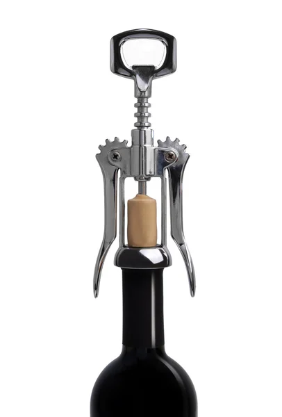 Corkscrew op een fles wijn — Stockfoto