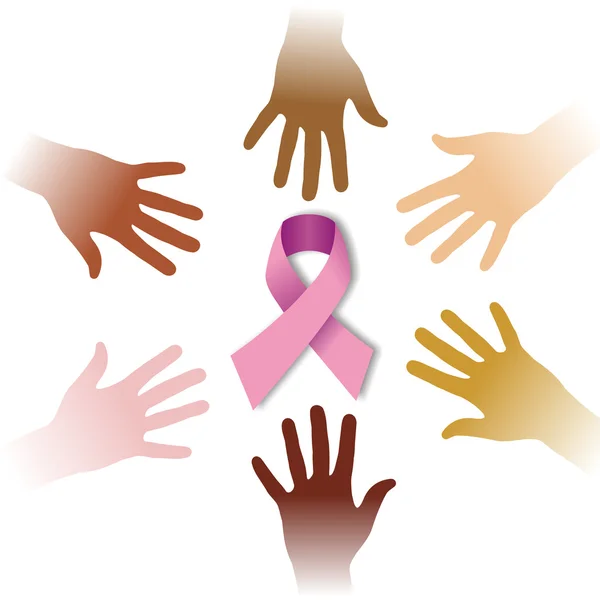 Diversity hands around CANCER symbol — Stock Vector