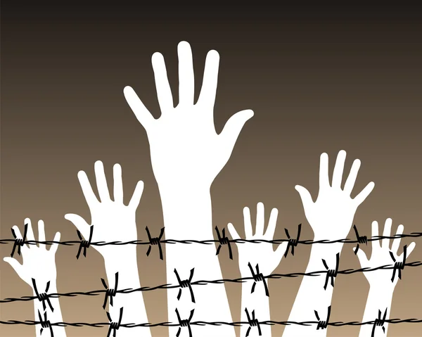 stock vector Hands behind a barbed wire prison