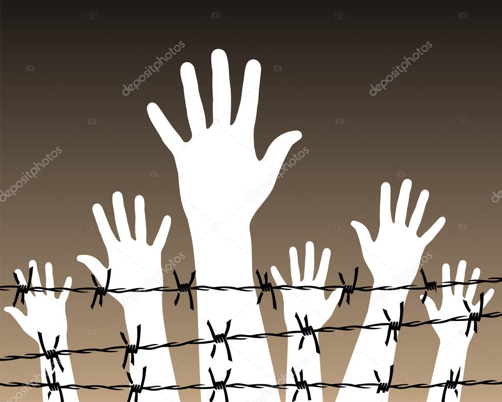 Hands behind a barbed wire prison