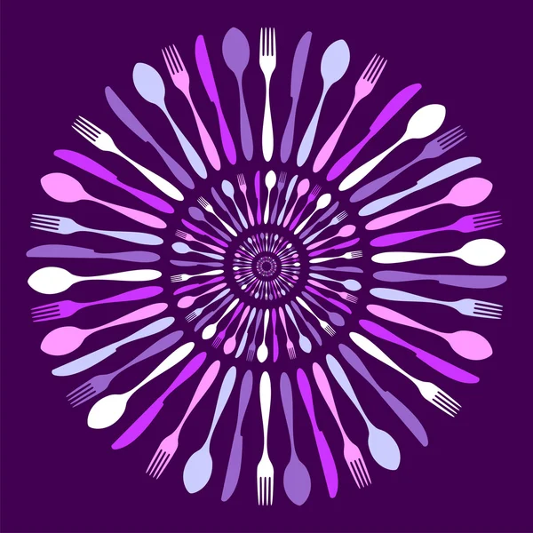 Cutlery circle mandala pattern over violet. — Stock Vector