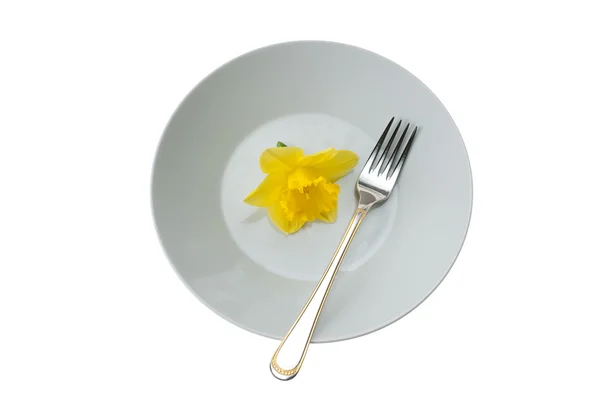 Forchetta con piatto e fiore di Narciso — Foto Stock