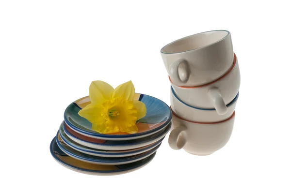 Coffee Cups, Plates And Narcissus — Stock Photo, Image