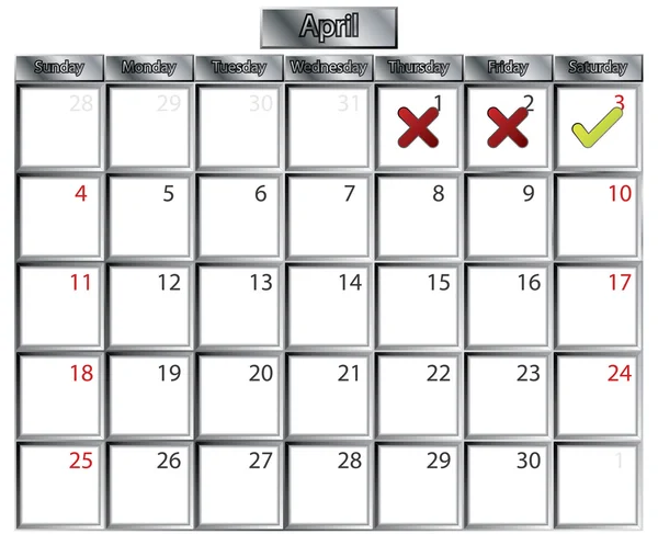 April tick and cross calendar — Stock Vector