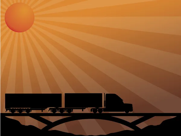 Вантажівка на мосту, що проходить під час заходу сонця — стоковий вектор