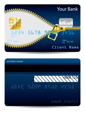Altın fermuarlı mavi kredi kartı