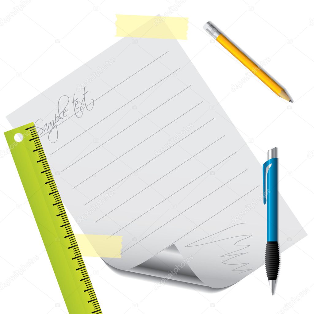 Text on lined paper with accessories