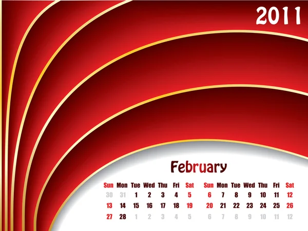 Лютий 2011 хвильовий календар — стоковий вектор